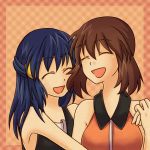 2girls absurd_res absurdres arm arms art artist_request babe bare_shoulders black_dress blue_hair brown_hair camisole closed_eyes collared_shirt dawn dress female friends game_freak hair_between_eyes hair_ornament hand_holding happy haruka_(pokemon) haruka_(pokemon_emerald) hikari_(pokemon) hug hugging humans_of_pokemon laugh laughing long_hair love may_(pokemon) multiple_girls neck nintendo no_hat pokemon pokemon_(anime) pokemon_(game) pokemon_diamond_pearl_&_platinum pokemon_dppt pokemon_rse shirt short_hair sleeveless sleeveless_dress sleeveless_shirt smile v-neck yuri