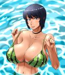  1_girl 1girl arm arms art babe bare_shoulders bikini bikini_pull black_eyes black_hair blush breasts choker cleavage collarbone covered_nipples curvy erect_nipples fatal_frame fatal_frame_3 female green_bikini green_swimsuit high_res highres huge_breasts kurosawa_rei lips looking_at_viewer ml navel neck parted_lips partially_submerged printed_bikini printed_bikini_top rei_kurosawa shiny shiny_hair shiny_skin short_hair smile solo standing string_bikini submerged swimsuit teeth upper_body water watermelon_print wet 