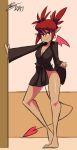 1girl bathrobe bigdead93 cleavage disgaea etna looking_at_viewer pointed_ears red_eyes red_hair robe shiny shiny_skin smile solo standing tail thighs wings