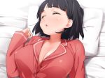 1girl anime big_breasts black_hair blush breasts cleavage closed_eyes female hair hentai kaisen_chuui kaisenn kirigaya_suguha open_mouth pajamas pillow short_hair sleeping solo sword_art_online