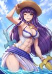  1girl abs alluring altina_(fire_emblem) arm_up athletic_female big_breasts blue_eyes blue_one-piece_swimsuit blue_sky breasts cleavage cloud collarbone cowboy_shot evomanaphy female_abs fire_emblem fire_emblem:_radiant_dawn fire_emblem_heroes fit_female grin hand_on_headwear hat high_res holding huge_weapon inflatable_toy long_hair looking_at_viewer nintendo official_alternate_costume one-piece_swimsuit one_eye_closed partially_submerged ponytail purple_hair sky smile straw_hat sun_hat swimsuit very_long_hair water weapon 