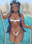  1girl 1girl 1girl alluring alternate_version_available big_breasts bikini bikini_bottom bikini_top black_hair blue_eyes cleavage dark-skinned_female dark_skin ear_piercing earrings eyeshadow female_only game_freak hair hips hoop_earrings kazibar lips long_hair micro_bikini nessa_(pokemon) pokemon pokemon_ss pool poolside solo_female swimming_pool swimwear thighs water 