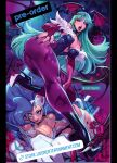  bat_wings blue_hair bodysuit cat_ears catgirl darkstalkers felicia_(darkstalkers) grabbing_own_ass green_hair head_wings long_hair looking_at_viewer morrigan_aensland stockings udon_entertainment vampire_savior 