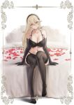 1girl alluring arm_gloves bedroom_eyes big_breasts corrin_(fire_emblem) corrin_(fire_emblem)_(female) fire_emblem fire_emblem_fates lingerie long_hair nintendo rose_petals shizuko_hideyoshi sitting_on_bed smile stockings