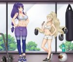  2girls abs alluring altina_(fire_emblem) athletic_female barbell big_breasts bike_shorts blonde_hair blue_eyes blue_hair bottle breasts dumbbell eating eitri_(fire_emblem) female_abs fire_emblem fire_emblem:_radiant_dawn fire_emblem_heroes fit_female gym high_res holding igni_tion long_hair medium_breasts multiple_girls nintendo orb prehensile_hair protein_bar punching_bag sports_bra sweat toned tray very_long_hair water_bottle wavy_hair 