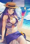 1girl abs absurd_res alluring altina_(fire_emblem) athletic_female bare_shoulders beach big_breasts black_knight_(fire_emblem) blue_eyes breasts cleavage cleavage_cutout clothing_cutout cloud cloudy_sky collarbone cup day doiparuni female_abs fire_emblem fire_emblem:_radiant_dawn fire_emblem_heroes fit_female grey_one-piece_swimsuit grin hat high_res looking_at_viewer nintendo ocean official_alternate_costume one-piece_swimsuit parasol purple_hair sand sarong sky smile solo_focus swimsuit umbrella water