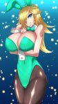 1girl alluring big_breasts blonde_hair blue_eyes blue_leotard bunny_ears byakkun_(byakkun8181) earrings fake_animal_ears hair_over_one_eye leotard long_hair looking_at_viewer mario_(series) nintendo pantyhose playboy_bunny princess_rosalina rosalina star_earrings wrist_cuffs