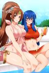  2_girls 2girls alluring alternate_costume big_breasts bikini blue_eyes blue_hair blurry blurry_background blush bow bracelet breasts brown_eyes brown_hair caeda_(fire_emblem) caeda_(summer)_(fire_emblem) circlet cleavage cloud cloudy_sky collarbone cup drinking_glass drinking_straw female_focus female_only fire_emblem fire_emblem:_mystery_of_the_emblem fire_emblem_heroes flower food fruit hair_between_eyes hair_flower hair_ornament halterneck high_res holding holding_cup jewelry lemon lemon_slice lindaroze linde_(fire_emblem) long_hair looking_at_viewer matching_hair/eyes midriff navel necklace nintendo official_alternate_costume pink_bikini pink_bow pool poolside red_bikini second-party_source shadow sidelocks sitting sky smile star_(symbol) star_hair_ornament swimming_pool swimsuit thigh_strap thighs turtleneck_swimsuit very_long_hair 