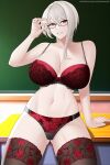  1girl alluring aslind_samure aslindsamure big_breasts blackboard bra classroom cleavage magenta_eyes nakiri_alice panties shokugeki_no_souma silver_hair teacher thighhigh_socks tilf underwear 