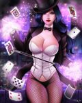  1_girl 1girl 2014 absurd_res absurdres art babe big_breasts black_hair black_panties blue_eyes bowtie breasts card city cityscape cleavage corset dc dc_comics dc_universe dcau detached_collar earrings eyeshadow female fishnet_pantyhose fishnets gloves hat high_res highres hoop_earrings iury_padilha jacket jewelry justice_league large_breasts legs lips lipstick long_hair long_sleeves looking_at_viewer magic magician makeup midriff naughty_face neck panties pantyhose poker_card red_lipstick smile solo standing strapless suit top_hat wand white_gloves zatanna zatanna_zatara 