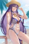  1girl abs absurd_res alluring altina_(fire_emblem) athletic_female beach big_breasts blue_eyes breasts clothing_cutout commission commissioner_upload covering_own_eyes criss-cross_halter day deras female_abs fire_emblem fire_emblem:_radiant_dawn fire_emblem_heroes fit_female grey_one-piece_swimsuit grin halterneck hat high_res long_hair looking_at_viewer neck_tassel nintendo non-web_source official_alternate_costume one-piece_swimsuit outside purple_hair railing sitting smile straw_hat swimsuit sword teeth very_long_hair weapon white_one-piece_swimsuit white_swimsuit 