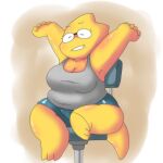 1:1 1:1_aspect_ratio 1girl 2010s 2019 2d adorable alphys alternate_costume anthro anthro_only arms_up aruput aruput_ut big_breasts breasts brown_background chair chubby chubby_anthro chubby_female clothed clothing cute digital_media_(artwork) dinosaur dinosaur_girl female_anthro female_only fully_clothed glasses glistening_body glistening_skin lizard lizard_girl lizard_tail monster monster_girl non-mammal_breasts pants reptile reptile_girl reptile_tail scalie scalie_female shiny_skin simple_background sitting sitting_on_chair solo_anthro solo_female tail tank_top thick_thighs two-tone_background undertale undertale_(series) white_background yellow_body yellow_skin