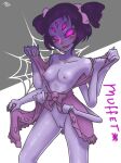 1girl 5_eyes 6_arms anthro anthro_only arachnid arthropod arthropod_girl blush breasts character_name clothes_lift destinybetweenworlds fangs female_anthro female_only genital_fluids glasses grey_background monster muffet multiple_arms multiple_eyes nipples no_bra no_panties non-mammal_breasts non-mammal_nipples open_mouth practically_nude purple_body purple_hair purple_skin pussy shadow simple_background small_breasts solo_anthro solo_female spider spider_girl spider_web stripping two-tone_background undertale undertale_(series) wet_pussy white_background