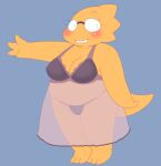 1girl 2020s 2021 2d adorable alphys anthro anthro_only aruput aruput_ut blue_background bra breasts chubby chubby_anthro chubby_female cute digital_media_(artwork) dinosaur dinosaur_girl female_anthro female_only full_body glasses lingerie lizard lizard_girl lizard_tail looking_at_viewer monster monster_girl non-mammal_breasts outstretched_arm panties purple_lingerie purple_underwear reptile reptile_girl reptile_tail scalie scalie_female see-through see-through_clothes see-through_clothing solo_anthro solo_female standing tail thong undertale undertale_(series) yellow_body yellow_skin