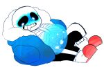  1boy 2010s 2015 animated_skeleton belly black_pants blue_belly blue_blush blue_jacket blush blushing_profusely chubby chubby_belly chubby_male clothed clothing drooling ectobelly exposed_belly jacket knocker12 laying_down looking_back lying_down male male_only monster pants plump sans sans_(undertale) skeleton slippers tumblr undead undertale undertale_(series) white_background 