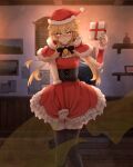 >:( 1boy 2d 2d_(artwork) aether_(genshin_impact) blonde_hair blush bottom_aether christmas crossdressing digital_media_(artwork) embarrassed femboy femboy_only genshin_impact gift gift_box indoors kazeakisora long_hair looking_at_viewer male male_focus male_only present santa_hat santa_outfit solo_male submissive submissive_male thighhighs uke_aether video_game_character video_games yellow_eyes