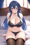  1girl alluring anime_lingerie big_breasts black_socks blue_eyes blue_lingerie breasts female_only female_solo fire_emblem fire_emblem_awakening hands_on_bed in_bed lingerie looking_at_viewer lucina_(fire_emblem) nightcore_(artist) nintendo pale-skinned_female sitting sitting_on_bed smile smiling_at_viewer straight_hair thick_thighs window zengai 