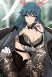  1girl alluring big_breasts blue_eyes bunny_outfit byleth_(fire_emblem) byleth_(fire_emblem)_(female) cleavage fire_emblem_heroes fire_emblem_warriors leggings nintendo omiza_somi teal_hair 