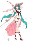  1girl alluring bikini black_bikini blue_eyes bracelet byleth_(fire_emblem) byleth_(fire_emblem)_(female) cape cute fire_emblem fire_emblem:_three_houses fire_emblem_heroes fishing_rod flower flower_hat hat hibiscus intelligent_systems jewelry knife navel nintendo parted_lips pink_cape sandals short_hair simple_background sun_hat swimsuit sword teal_hair true_jek_art truejekart weapon 