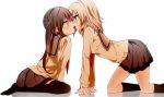 2girls all_fours arm_support art babe bare_legs black_eyes black_hair black_socks black_thighhighs blonde blonde_hair blush eye_contact female french_kiss hair harii_noriko kissing legs long_hair looking_at_another love majo_to_houki_to_kurobuchi_megane multiple_girls nagashiro_rouge red_eyes rhiana_alkanet school_uniform serafuku short_hair sitting skirt socks stockings tongue twin_tails wariza yuri