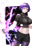 1girl alluring athletic_female big_breasts black_and_purple_hair crop_top female_only fingerless_gloves fit_female kabotoz light-skinned_female lightning namco pantyhose reina_(tekken) shorts tekken tekken_8