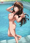 1girl ass azuki_miho bakuman barefoot breasts brown_eyes brown_hair dimples_of_venus hair looking_at_viewer nipples nude palcomix pool smile smiling swimming_pool toes