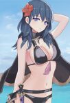  1girl absurd_res alluring alternate_costume bikini black_bikini black_cape black_swimsuit breasts byleth_(female)_(fire_emblem) byleth_(female)_(summer)_(fire_emblem) byleth_(fire_emblem) byleth_(fire_emblem)_(female) cape cloud cloudy_sky collar female_only fire_emblem fire_emblem:_three_houses fire_emblem_heroes flower green_hair hair_flower hair_ornament hibiscus high_res looking_at_viewer medium_hair n_54 nintendo ocean off_shoulder official_alternate_costume purple_eyes sky swimsuit teal_hair 