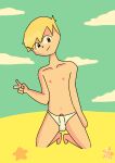 1boy artist_name blonde_hair erection erection_in_underwear femboy kneeling male_only original_character self_upload smgbullet solo_male underwear underwear_only v v_sign yaoi