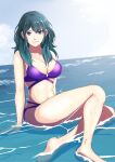  1girl alluring bare_legs barefoot bikini blue_eyes blue_sky byleth_(fire_emblem) byleth_(fire_emblem)_(female) cleavage fire_emblem fire_emblem_heroes fire_emblem_warriors gzo1206 in_water medium_breasts nintendo ocean teal_hair wet 