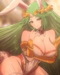  1girl alluring big_breasts bunny_ears bunny_tail cleavage goddess green_eyes green_hair kid_icarus light-skinned_female light_skin long_hair nintendo omiza_somi palutena 