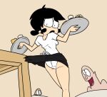 ass black_hair embarrassed embarrassed_underwear_female embarrassing food looking_back short_hair skirt skirt_lift terrible_the_drawfag tina tina's_groove wardrobe_malfunction white_panties zeigram