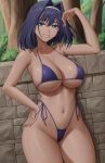 1girl aqua_eyes bikini breasts cleavage grin purple_hair short_hair smile solo_female solo_focus string_bikini thong