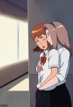  2_girls behind_another black_skirt blush bow bowtie breast_grab brown_eyes brown_hair digimon digimon_adventure_tri. eyebrows female_only grabbing long_hair masturbation masturbation_through_clothing multiple_girls nascreant one_eye_closed open_mouth orange_hair red_bow red_bowtie red_eyes school school_uniform shirt short_hair skirt sweat tachikawa_mimi takenouchi_sora teen teeth tiara tongue white_shirt window yuri 