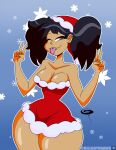 1girl amphibia black_hair christmas christmas_hat christmas_outfit disney double_v dress frostbiteboi hat marcy_wu peace_sign red_dress santa_hat shiny shiny_skin solo_female solo_focus twin_tails v wink