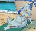 123kondibar 1girl beach big_ass big_breasts bikini cute dragon gold_bikini gold_bracelet original posing reshiram seductive white_hair white_skin