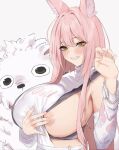  1girl animal_ear_fluff animal_ears areola_slip armpit_peek big_breasts blush breasts claw_pose clothes_pull covering_nipples dera_self detached_sleeves goddess_of_victory:_nikke grin hair_between_eyes hand_up high_res leona_(nikke) lion long_hair looking_at_viewer one_breast_out pasties pink_hair pulled_by_self shirt shirt_pull sideboob sideless_outfit sideless_shirt simple_background smile teeth timi_(nikke) turtleneck_shirt upper_body white_background white_shirt white_sleeves yellow_eyes 