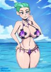 1girl beach bikini blue_eyes breasts cleavage disney female_only green_hair ocean odalia_blight pixalion solo_female solo_focus the_owl_house thong water