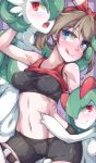  2020 3_girls 3girls blue_eyes blush breasts eko. eyebrows_visible_through_hair female female_human female_only female_pokemon gardevoir hair_over_one_eye haruka_(pokemon) human kirlia lying may may_(pokemon) partially_clothed pokemon pussy red_eyes short_hair shorts 