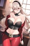  1girl alluring badtimer bare_shoulders belt big_breasts blush cleavage corrin_(fire_emblem) corrin_(fire_emblem)_(female) fire_emblem fire_emblem_fates hair_between_eyes hairband hand_on_chest indoors jacket latex long_hair looking_at_viewer midriff navel nintendo red_eyes red_jacket red_strapless smile strapless 