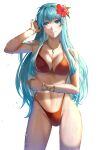 1girl 1girl alluring aqua_hair arm_up armlet big_breasts bikini blue_eyes breasts cleavage cowboy_shot delsaber eirika_(fire_emblem) fire_emblem fire_emblem:_the_sacred_stones fire_emblem_heroes flower groin hand_in_own_hair hibiscus high_res highleg highleg_bikini highleg_swimsuit navel nintendo official_alternate_costume red_bikini simple_background swimsuit wet white_background