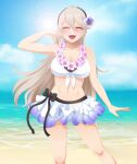 1girl alluring beach big_breasts bikini blue_sky cleavage corrin_(fire_emblem) corrin_(fire_emblem)_(female) fire_emblem flower_in_hair lei_necklace nintendo ocean seityr