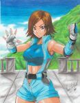  1girl 2020 alluring artist_name athletic_female belt belt_buckle big_breasts blue_jumpsuit blue_top breasts brown_eyes brown_hair buckle collarbone cowboy_shot crop_top day female_abs female_focus fingerless_gloves fit_female forest gloves jumpsuit kazama_asuka midriff_peek namco nature open_clothes outside ravern_clouk short_hair sky sleeveless sleeveless_jacket smile sports_bra tekken thick_thighs thighs traditional_media zipper 