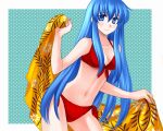  1girl 1girl 74 alluring bikini blue_eyes blue_hair blush breasts cleavage eirika_(fire_emblem) fire_emblem fire_emblem:_the_sacred_stones floral_print long_hair matching_hair/eyes medium_breasts nintendo red_bikini side-tie_bikini_bottom smile swimsuit towel very_long_hair 