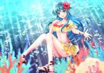  1girl 1girl :d absurd_res alluring aqua_eyes aqua_hair bikini bracelet eirika_(fire_emblem) fire_emblem fire_emblem:_the_sacred_stones fire_emblem_heroes fish flower full_body hair_flower hair_ornament high_res jewelry kakiko210 long_hair looking_at_viewer necklace nintendo off-shoulder_bikini off_shoulder official_alternate_costume open_mouth red_bikini sidelocks smile swimsuit underwater yellow_bikini 