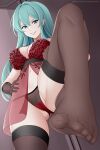  1girl alluring aslind_samure aslindsamure big_breasts black_and_red_panties blue_eyes blue_hair cleavage eirika_(fire_emblem) elbow_gloves feet femdom fire_emblem fire_emblem:_the_sacred_stones foot_fetish gloves grin light_blue_eyes light_blue_hair lingerie long_hair looking_at_viewer mischievous_grin negligee nightgown nintendo panties partially_visible_vulva red_lingerie red_panties smile solo_female stepped_on stockings submissive_pov 