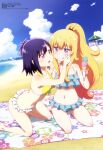  2_girls :d absurd_res barefoot beach bikini blanket blonde_hair blue_bikini blue_eyes blush cloud collarbone day food food_on_face frilled_bikini frills from_side front-tie_top gabriel_dropout gabriel_tenma_white hair_ornament hairclip high_res ice_cream kneel kuwabara_naoko long_hair megami_magazine multiple_girls navel o3o official_art open_mouth outside ponytail purple_eyes purple_hair scan short_hair sky smile swimsuit vignette_tsukinose_april wide_ponytail wiping_face x_hair_ornament yellow_bikini 