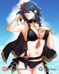  1girl alluring arms_up belt big_breasts bikini black_bikini breasts byleth_(female)_(fire_emblem) byleth_(female)_(summer)_(fire_emblem) byleth_(fire_emblem) byleth_(fire_emblem)_(female) byleth_(fire_emblem_(female)_(summer) byleth_(summer)_(fire_emblem)_(female) cape cleavage cloud covered_erect_nipples fire_emblem fire_emblem:_three_houses fire_emblem_heroes flower hibiscus high_res knife medium_hair navel nintendo official_alternate_costume purple_eyes side-tie_bikini_bottom sierra117renner sky swimsuit teal_hair wristband 