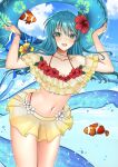  1girl 1girl :d absurd_res alluring aqua_eyes aqua_hair bikini breasts clownfish collarbone eirika_(fire_emblem) fire_emblem fire_emblem:_the_sacred_stones fire_emblem_heroes fish flower hair_flower hair_ornament high_res holding holding_innertube innertube jewelry long_hair looking_at_viewer mari48240422 navel necklace nintendo official_alternate_costume open_mouth red_flower smile swimsuit water yellow_bikini 