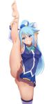 1girl 1girl absurd_res aqua_(konosuba) barefoot big_breasts blue_eyes blue_gemstone blue_hair blue_shirt blue_skirt breasts censored detached_sleeves feet foot_out_of_frame gem grin hair_ornament high_res kono_subarashii_sekai_ni_shukufuku_wo! legs long_hair looking_at_viewer mosaic_censoring no_panties parted_lips pplord pussy see-through shirt single_hair_ring single_thighhigh skirt sleeveless sleeveless_shirt smile soles split standing standing_on_one_leg standing_split stockings toes white_sleeves