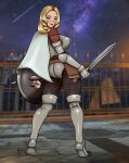 1girl abelia abelia_schillfelt armor armored_boots armored_bra armored_gloves armored_panties ass back bandai_namco blond blond_hair blonde blonde_hair blue_eyes blush chestplate chronicles_of_the_sword curled_hair curly_hair curvy curvy_body curvy_female curvy_figure curvy_hips curvy_thighs dat_ass deviantart facing_away female female_focus female_human female_only female_solo fighting_game fighting_pose fighting_ring fighting_stance gauntlet gauntlets grin hentai-foundry holding holding_object holding_shield holding_sword human human_only human_solo kyunamaori legs namco_bandai project_soul round_ass shield shield_and_sword sideboob smile solo solo_female solo_focus soul_calibur soul_calibur_iii soulcalibur_iii spiked_shield sword thighs video_game video_game_character video_game_franchise video_games warrior weapon wielding